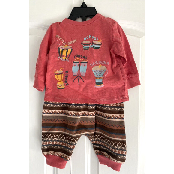 Peek Kids Baby Boy Size 3-6 Months Holiday Music 2 Piece Set Brown Red Drums - Picture 1 of 13